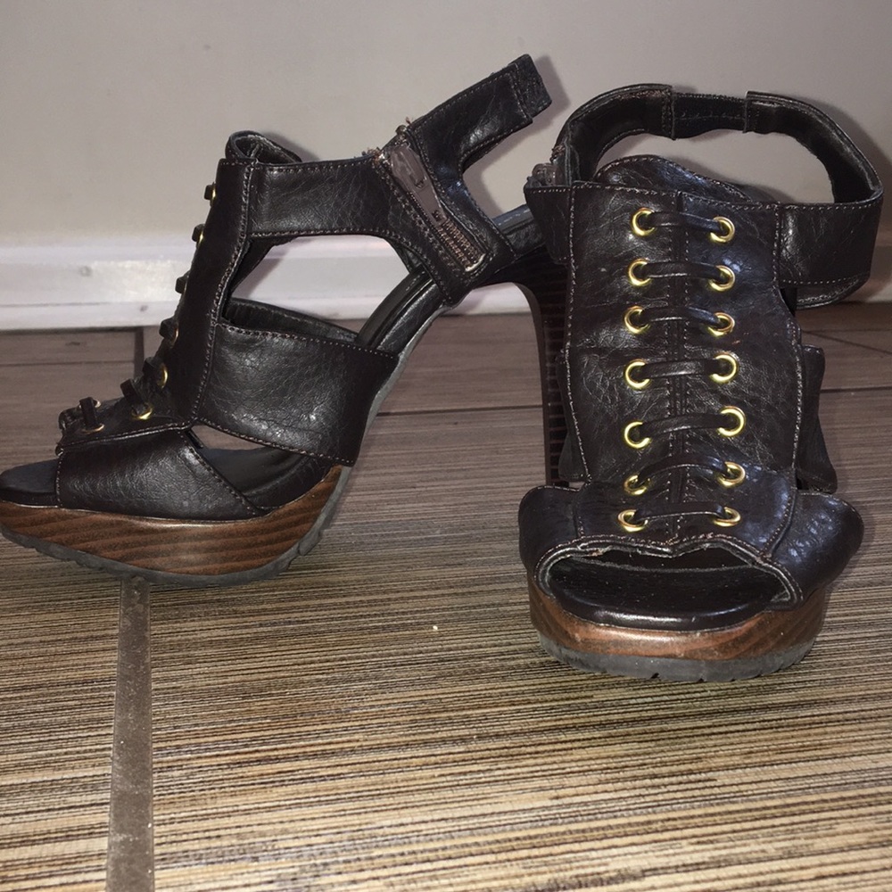 Brown platform lace-up cutout heels